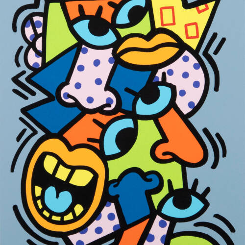 Colrful abstract print of a parts of a face all jumbled together. There are multiple noses, eyes and mouths.